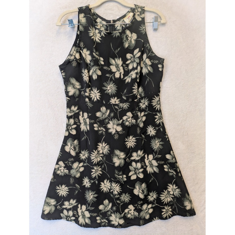 County Seat Floral Mini Dress Womens 9/10 Black Sleeveless High Neck Vintage 90s